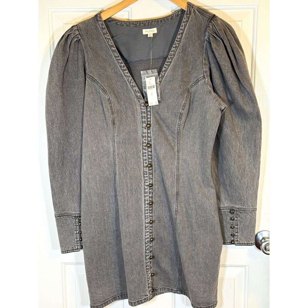 Anthropologie Pilcro Denim Puff Sleeve Mini Dress XL Gray casual NWT buttons